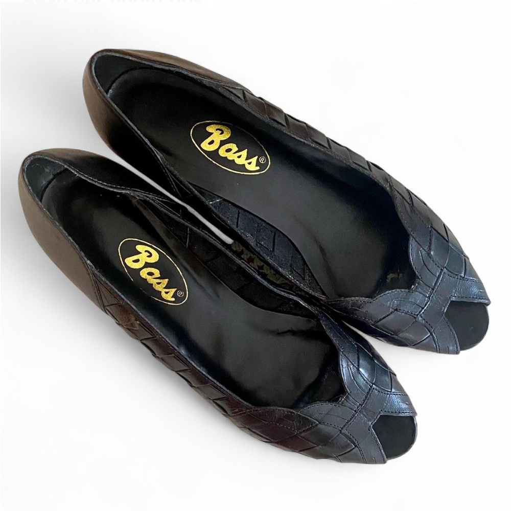 🧺 BASS retro woven black leather peep toe shoes EUC